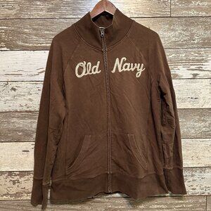 Vintage Y2K Old Navy Women's Brown Embroidered Zip Up Sweatshirt